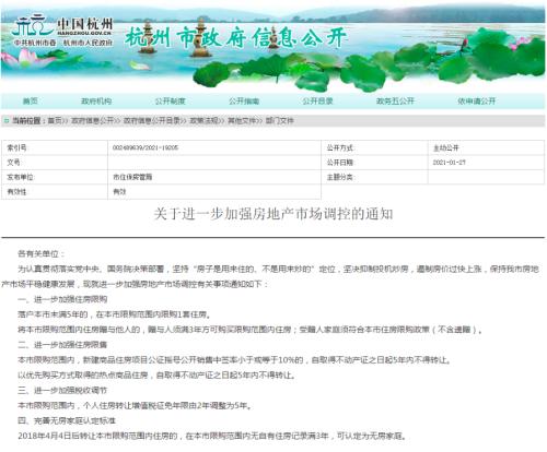 杭州开年甩出楼市调控“王炸”：新房中签率小于10%限售5年