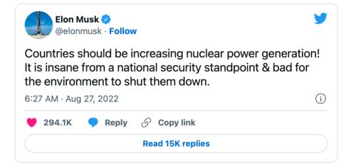 马斯克：关闭核电站“反人类”，石油天然气开采不能停，能源转型期还需几十年